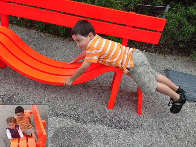 Emmett bends a bench so Eloise can reach it!