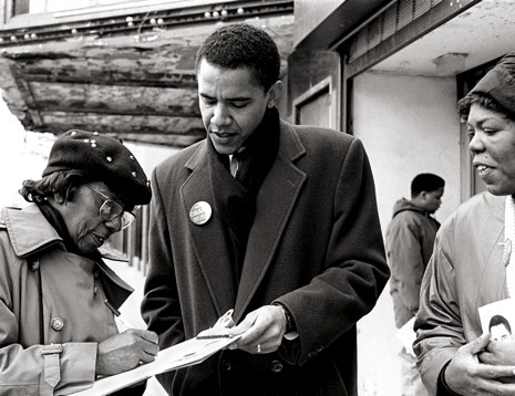 Barack Obama on the South Side during his first campaign, for the State Senate. An outsider in Chicago’s system, he was meticulous about constructing his own political identity and coalition. Photograph by Marc PoKempner.